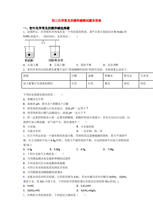 初三化学常见的酸和碱测试题含答案