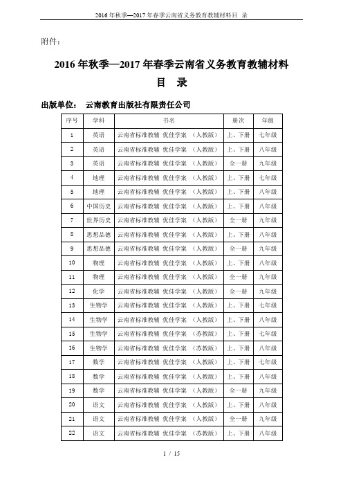 2016年秋季—2017年春季云南省义务教育教辅材料目--录
