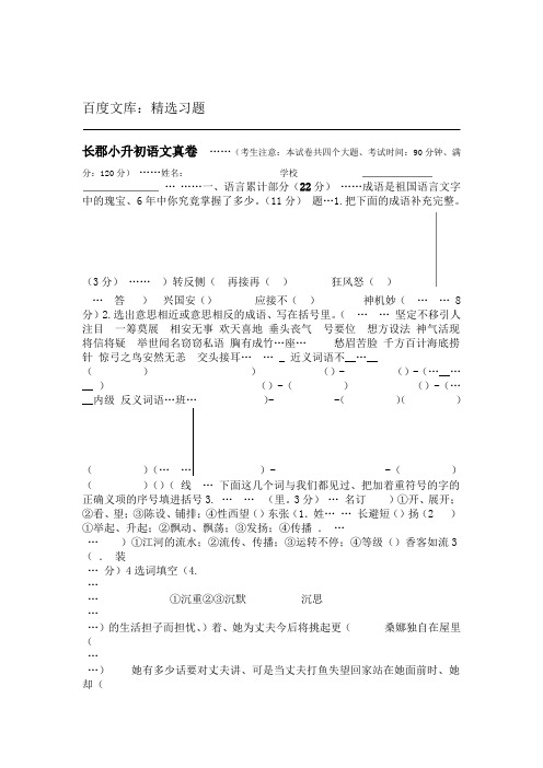 人教版2018六年级上册语文 小升初择校试题  长郡小升初语文真卷