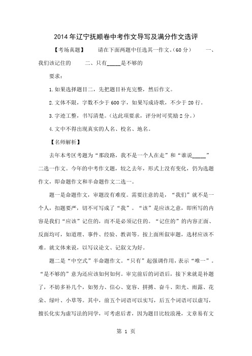 2014年辽宁抚顺卷中考作文导写及满分作文选评5页word文档