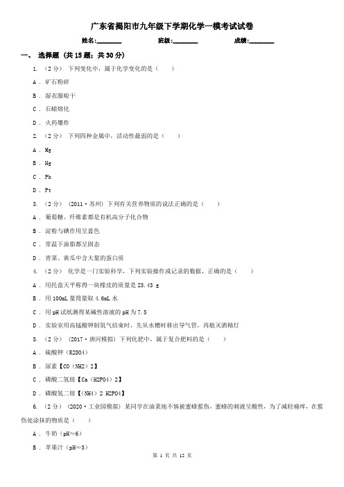 广东省揭阳市九年级下学期化学一模考试试卷