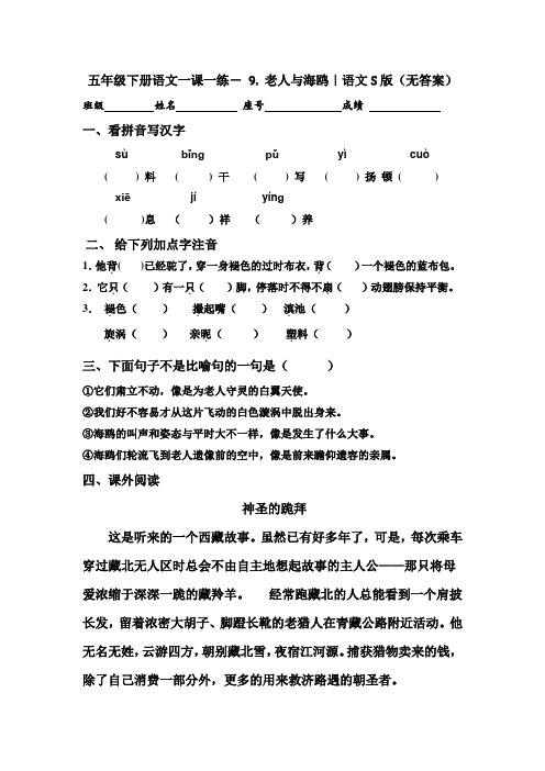 五年级下册语文一课一练- 9. 老人与海鸥｜语文S版(无答案)