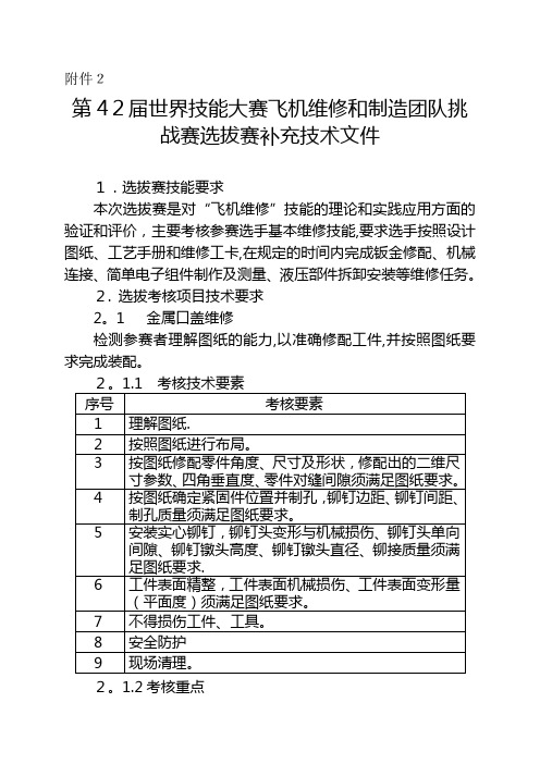 第42届世界技能大赛飞机维修和制造团队挑战赛选拔赛补充技术文