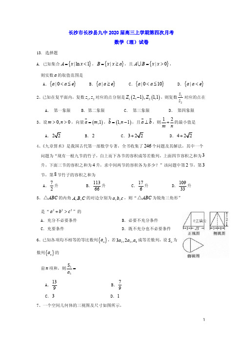 长沙市长沙县九中2020届高三上学期第四次月考数学(理)试题卷