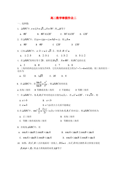 山东省潍坊市高二数学寒假作业(二)试题