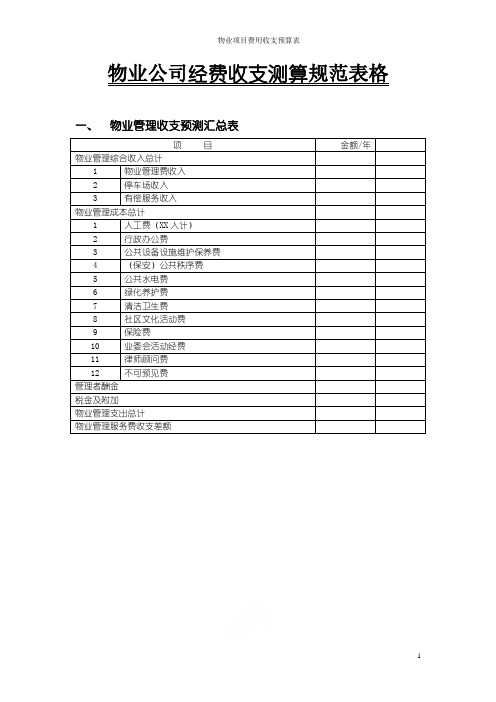 物业项目费用收支预算表