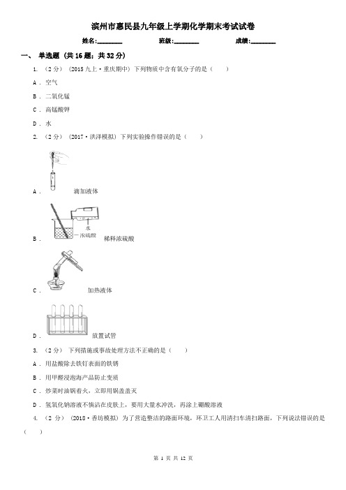 滨州市惠民县九年级上学期化学期末考试试卷