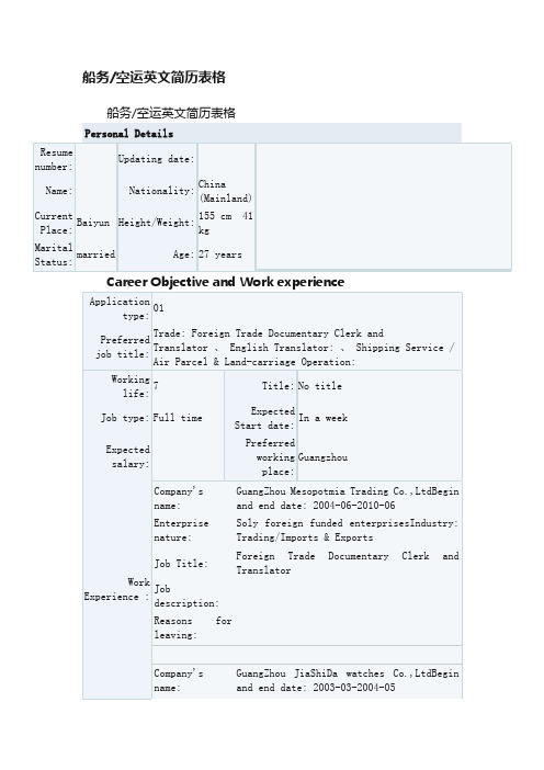 船务空运英文简历表格