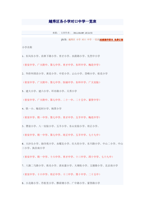 越秀区各小学对口中学一览表