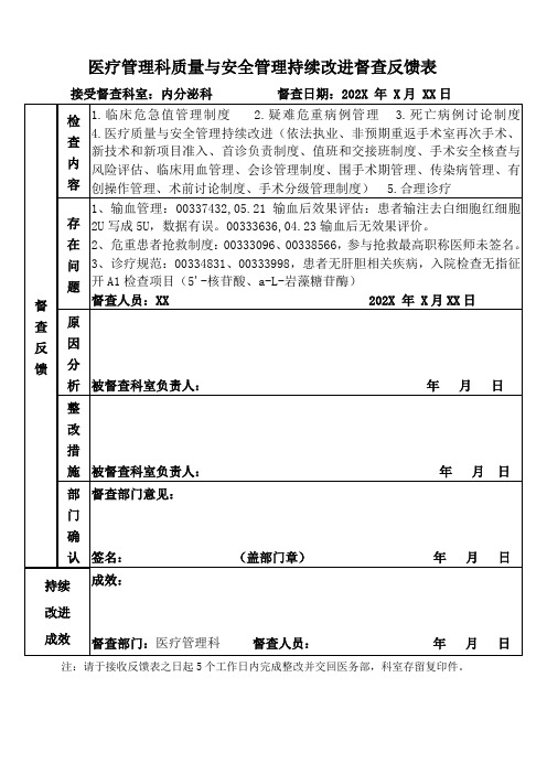 医疗管理科质量与安全管理持续改进督查反馈表