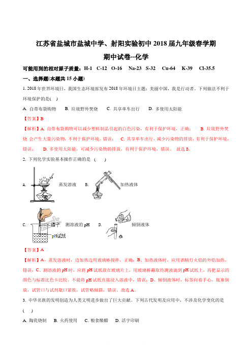 【全国校级联考】江苏省盐城市盐城中学、射阳实验初中2018届九年级下学期期中化学试题(解析版)