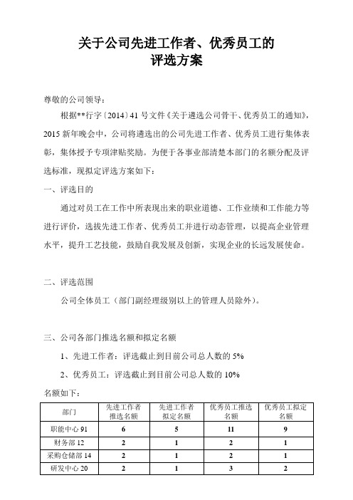 关于公司骨干、优秀员工的评选方案
