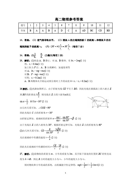 安徽省学年枞阳三中第二学期高二物理期末试卷参考答案