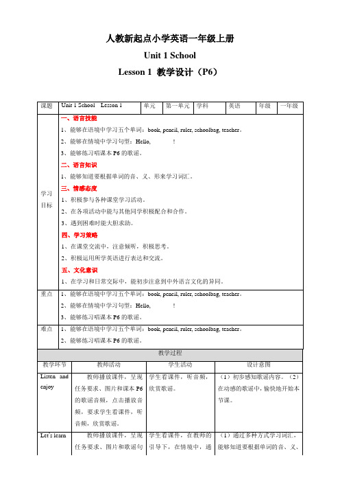 人教版新起点英语小学一年级上册教案(全册)