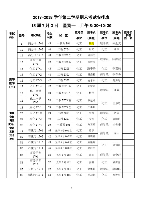 2017-2018学年第二学期期末考试安排表