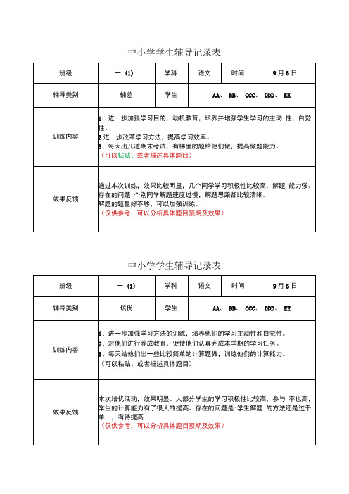 中小学学生辅导记录表培优补差