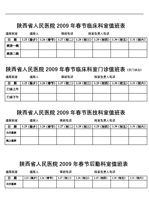 陕西省人民医院2009年春节临床科室值班表【模板】