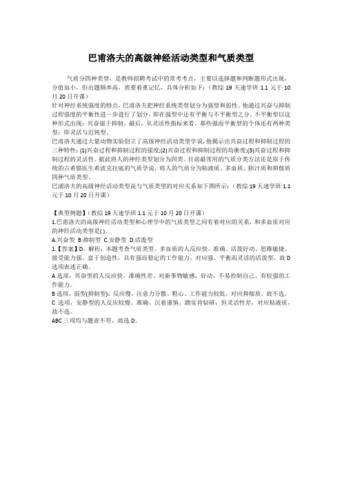教师资格考试、教师招聘考试资料——巴甫洛夫的高级神经活动类型和气质类型