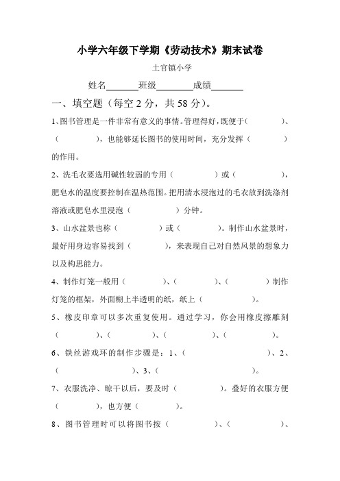 六年级劳动技术下学期期末试题 Microsoft Word 文档