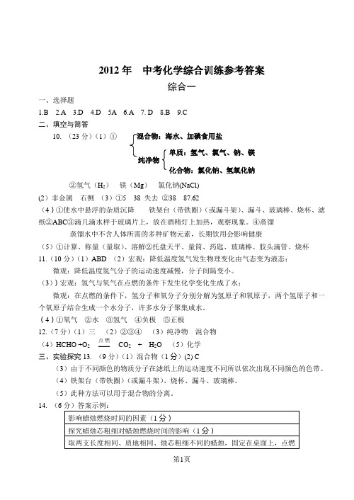 中考2012年化学模拟考试(一至八参考答案)