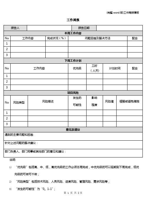 (完整word版)工作周报模板