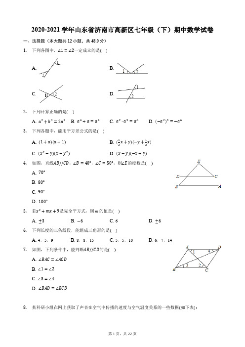 2020-2021学年山东省济南市高新区七年级(下)期中数学试卷