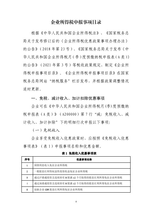 企业所得税申报事项目录