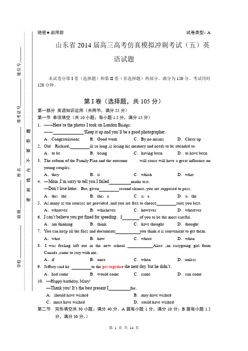 山东省2014届高三高考仿真模拟冲刺考试(五)英语试题