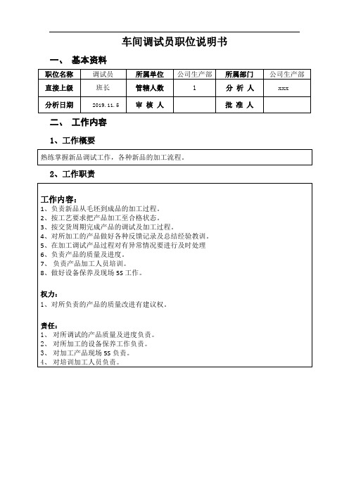 车间调试员职位说明书