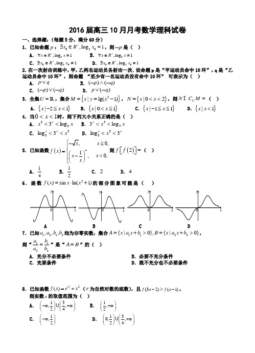 辽宁省大连八中2016届高三10月月考数学(理科)试卷(含答案)