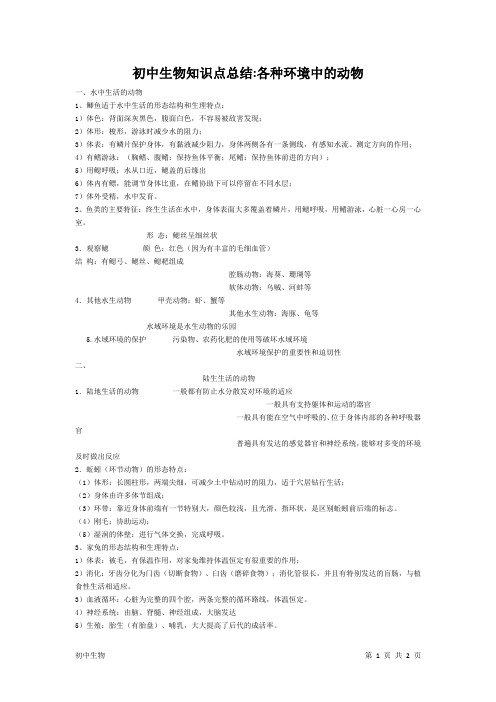 初中生物知识点总结：各种环境中的动物