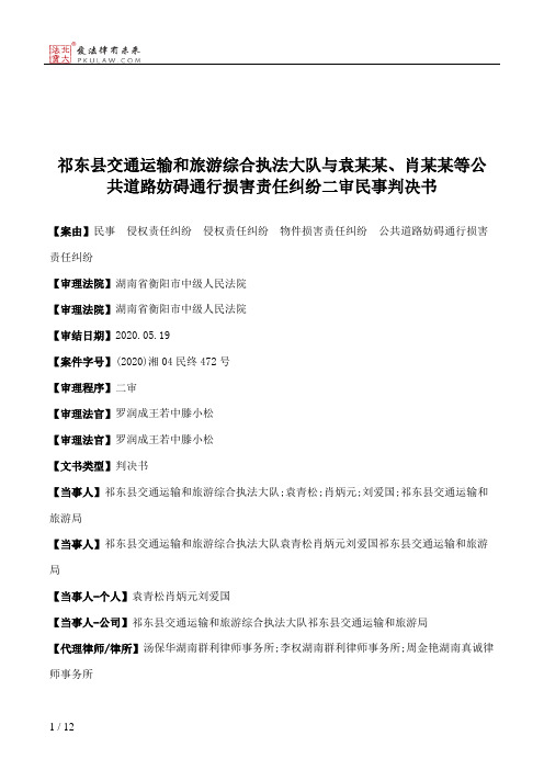 祁东县交通运输和旅游综合执法大队与袁某某、肖某某等公共道路妨碍通行损害责任纠纷二审民事判决书