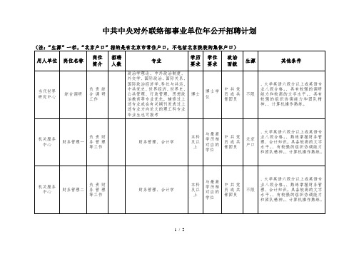 中共中央对外联络部事业单位2019年公开招聘计划