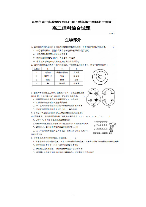 广东省东莞市南开实验学校2015届高三上学期期中考试生物试题 扫描版含答案