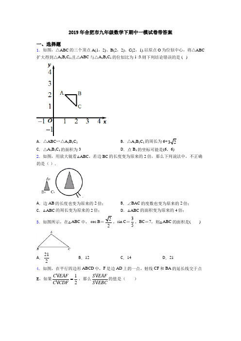 2019年合肥市九年级数学下期中一模试卷带答案