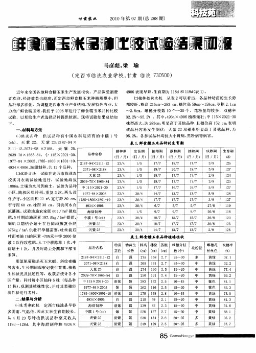 鲜食糯玉米品种比较试验结果初报