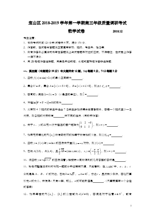 上海市宝山区2019年高三第一学期期末(一模)数学试题及答案(word版)