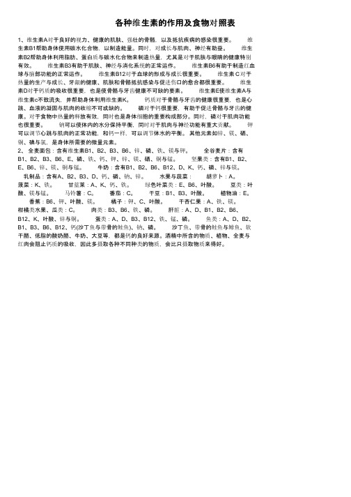 各种维生素的作用及食物对照表