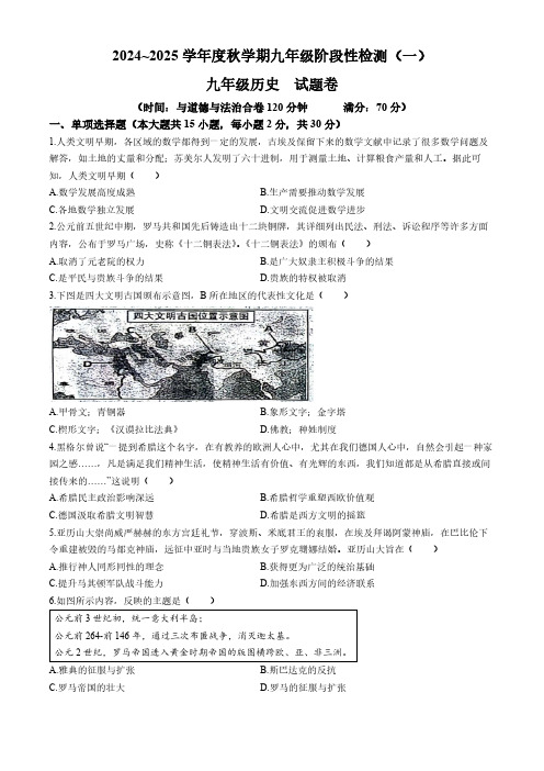 安徽省六安市2024--2025学年九年级上学期开学考历史试题(无答案)