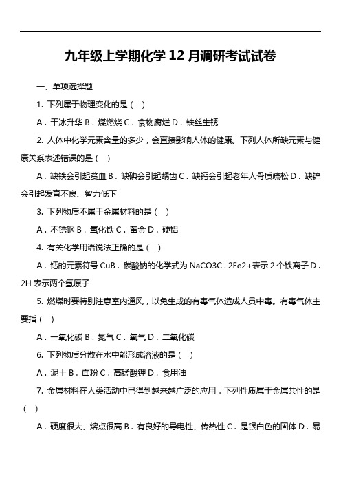 九年级上学期化学12月调研考试试卷