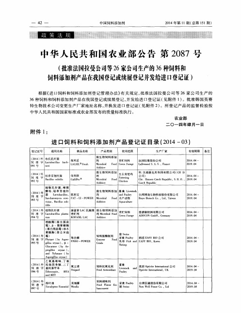 中华人民共和国农业部公告 第2087号(批准法国拉曼公司等26家公司