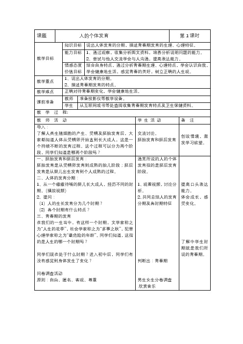 苏科版生物八年级上册 7.21.2 人的个体发育 教案  