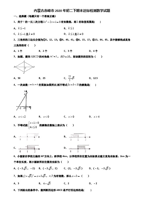 内蒙古赤峰市2020年初二下期末达标检测数学试题含解析