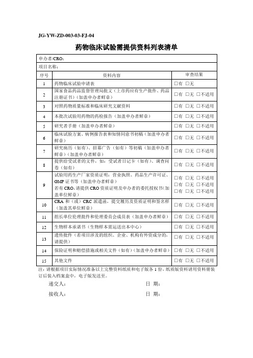 JG-YW-ZD--03-FJ-04药物临床试验需提供资料列表清单