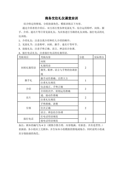 商务交往礼仪课堂实训表演评分标准