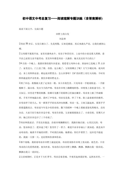 初中语文中考总复习阅读理解专题训练《田野上的白发》(含答案解析)