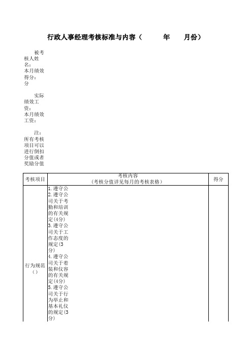 行政人事部经理考核标准与内容
