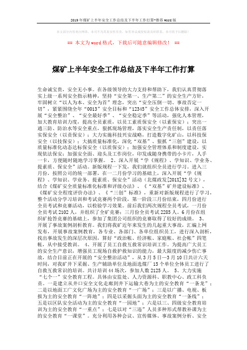 2019年煤矿上半年安全工作总结及下半年工作打算-推荐word版 (7页)