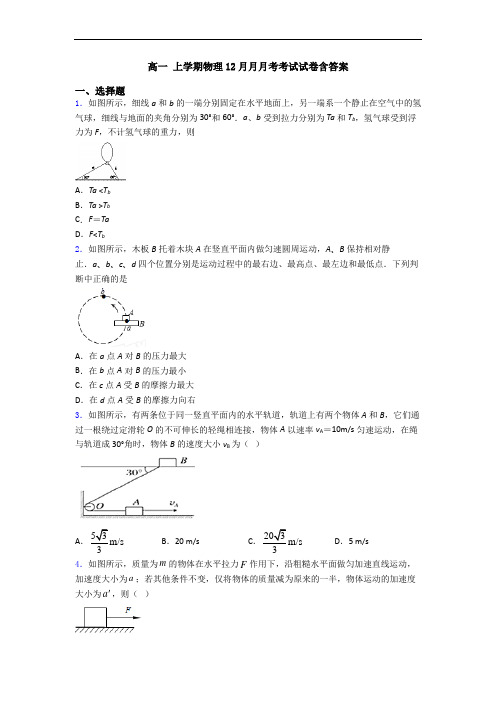 高一 上学期物理12月月月考考试试卷含答案