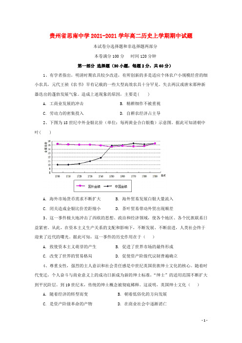 贵州省思南中学2021-2021学年高二历史上学期期中试题